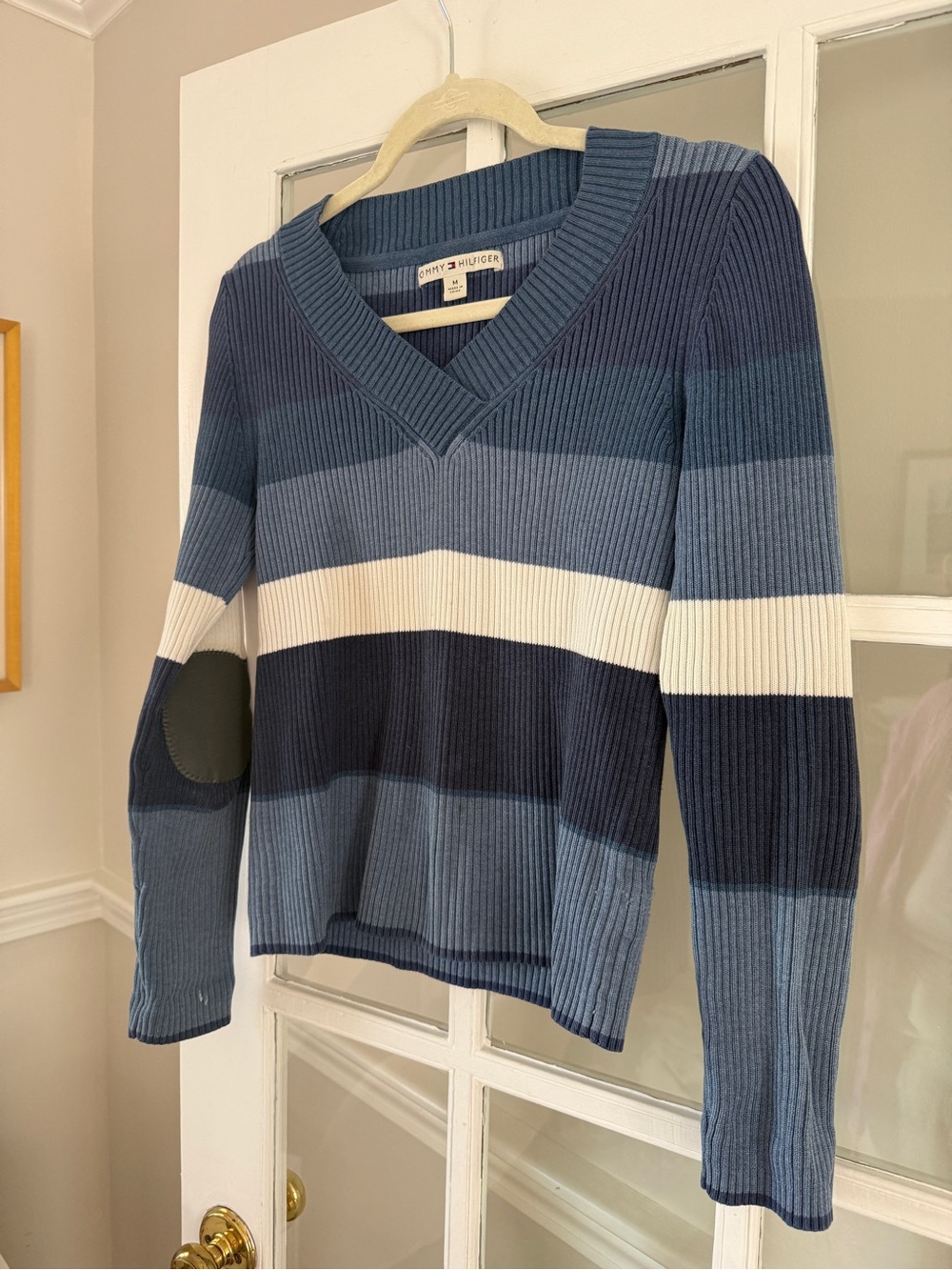 Tommy Hilfiger Striped V-Neck Sweater in Navy, Light Blue & White - Picture 8 of 8